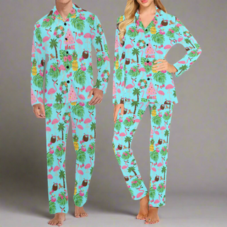 Beach Christmas Pajamas, Couples Matching Tropical Christmas Pajama Set (Blue) Pajama Sets Berry Jane