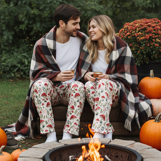 adults matching Fall Pajama pants, red mushrooms, cute print, couples matching pajamas