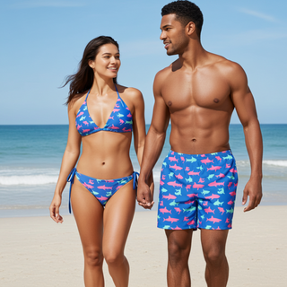 His Hers Matching Couples Swimsuit Set, Bikini + Swim Trunks - Electric Blue Sharks Couples Matching Swimsuit Set Berry Jane™