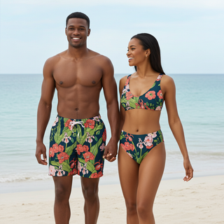 couples matching swimsuits, honeymoon, couples vacation swimsuits, his and hers matching swimwear