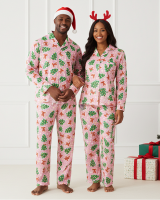 Couples matching pink Christmas pajamas, holiday PJs