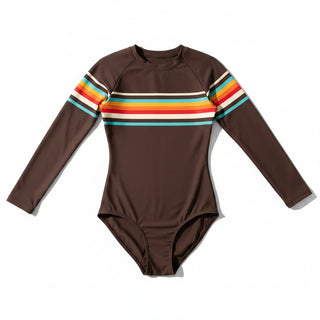 Girls One Piece Rash Guard Swimsuit, Long Sleeve UPF Protection 70s Brown Stripe