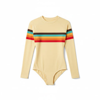 Girls One Piece Rash Guard Swimsuit, Long Sleeve UPF Protection 70s Yellow Stripe