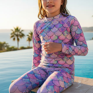 Girls Rash Guard UPF 50+ Sizes 2T–7 - Pastel Mermaid Scales Kids Rash Guards & Swim Shirts Berry Jane™