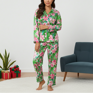 Women's Hawaiian Christmas Pajama Set, Silky Tropical Floral Pink Green Women's Pajama Sets Berry Jane