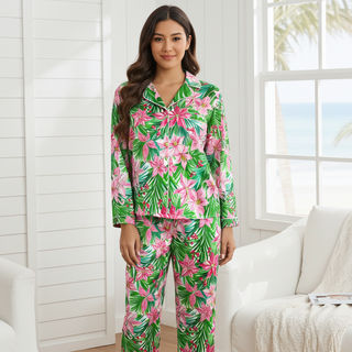 Women's Hawaiian Christmas Pajama Set, Silky Tropical Floral Pink Green Women's Pajama Sets Berry Jane