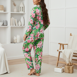Women's Hawaiian Christmas Pajama Set, Silky Tropical Floral Pink Green Women's Pajama Sets Berry Jane