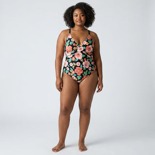 Women's Criss-Cross Tie Back One-Piece Swimsuit, Vintage Island Blooms Swimwear Berry Jane