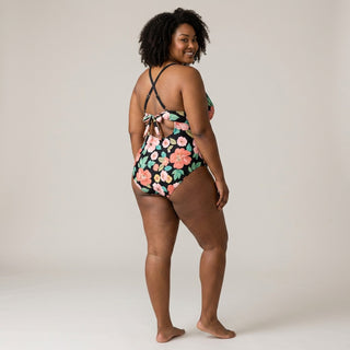 Women's Criss-Cross Tie Back One-Piece Swimsuit, Vintage Island Blooms Swimwear Berry Jane