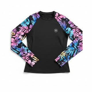 Women's UPF 50 Rash guard with built-in lining bralette, Hawaiian floral print, black