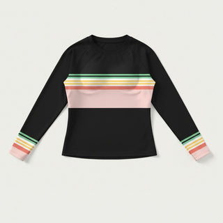 Women's Long Sleeve Rash Guard, Built-in Bralette - Vintage Hawaii Stripe Rash Guards & Swim Shirts Berry Jane