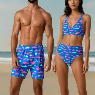 Couples matching swimwear, his and hers swimsuits, Shark print