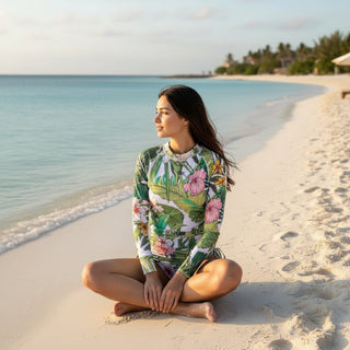 Junior Girls Ruched Sides Long Sleeve Swimsuit Set, UPF 50 - Vintage Tropical Floral Swimwear Berry Jane™