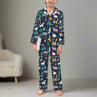 Kids Holiday Christmas Pajama Set with Pockets, Animal Pizza Party Kids Pajamas Berry Jane