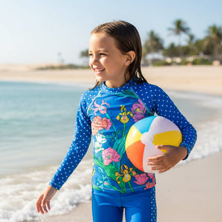 Girls UPF 50+ Swim Shirt Rash Guard, Electric Blue Paradise (2T-7)