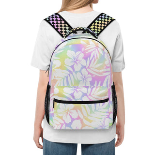 Kids retro 80s colorful backpack with pastel floral design, black checkered trim