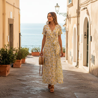 Cottagecore Floral Lemon Wrap Maxi Dress European Summer Berry Jane Cottagecore Floral Lemon Wrap Maxi Dress European Summer Berry Jane