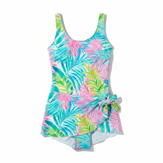 Women's One-Piece Swim Dress, Wrap Skirt - Los Cabos Tropical Floral Swimwear Berry Jane