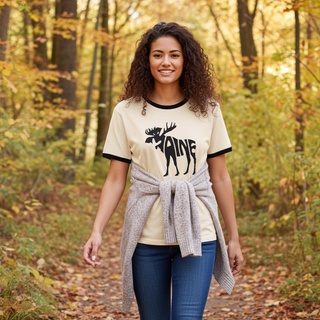 Maine Moose Vintage Style Graphic Ringer T-Shirt, Natural T-Shirts Berry Jane™