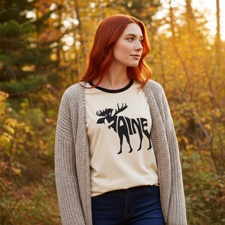 Maine Moose Vintage Style Graphic Ringer T-Shirt, Natural T-Shirts Berry Jane™