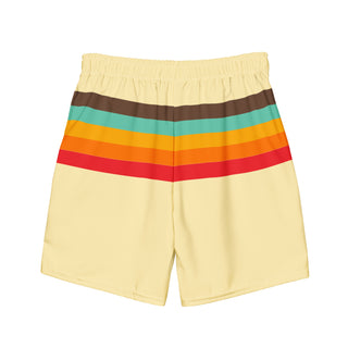 Men's Yellow Vintage 70s Stripe Swim Trunk Shorts, Multi-Stripe with Pockets