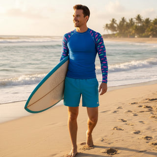 Men's UPF 50+ Shark Print Rash Guard, Electric Blue