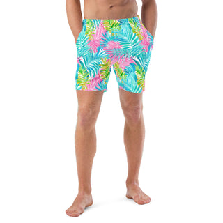 Men's bright floral preppy swim trunks, UPF 50, 6.5 inseam, honeymoon, cruise, couples swimwear