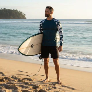 Men's UPF Hawaiian Hibiscus Blue Rash Guard