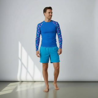 Men's UPF 50+ Shark Print Rash Guard, Electric Blue