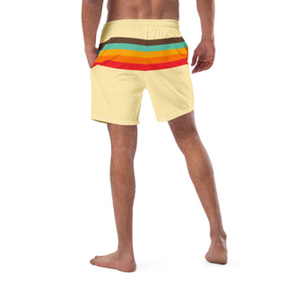 Men's Yellow Vintage 70s Stripe Swim Trunk Shorts, Multi-Stripe with Pockets, recycled fabric