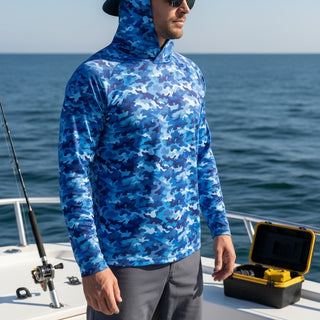 Men's Long Sleeve Lightweight UV Fishing Shirt with Hoodie, Blue Camo Men's UV Shirts Berry Jane™