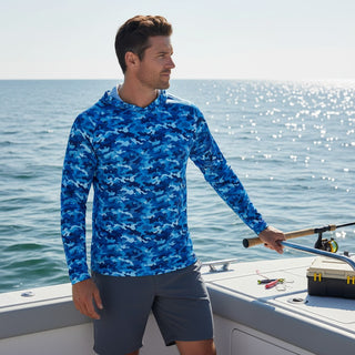 Men's Long Sleeve Lightweight UV Fishing Shirt with Hoodie, Blue Camo Men's UV Shirts Berry Jane™