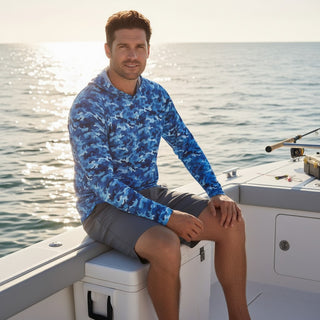 Men's Long Sleeve Lightweight UV Fishing Shirt with Hoodie, Blue Camo Men's UV Shirts Berry Jane™