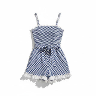 Women's Smocked Romper with Ruffled Hem, Navy Blue Check Rompers Berry Jane