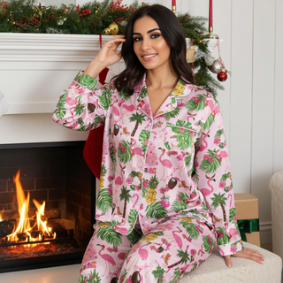 Women’s Pink Christmas Beachy Holiday Pajama Top, Flamingo Women's Pajama Sets Berry Jane™
