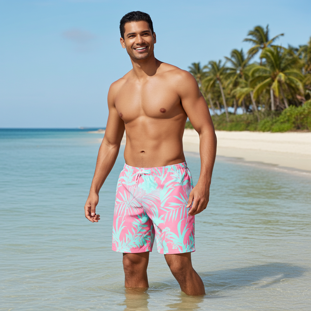 His and Hers Swimsuits Men's Swim Trunks, Tropical Pink Sea Blue