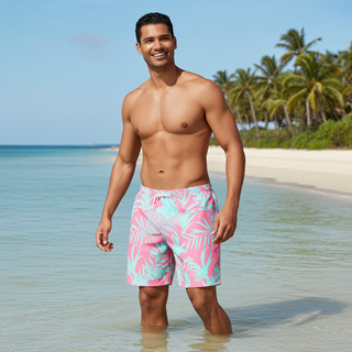 His and Hers Swimsuits - Men's Swim Trunks, Tropical Pink Sea Blue Swim Trunks Berry Jane™