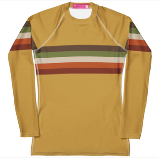Women's Vintage 70s Stripe Rash Guard, UPF50+ Mustard Gold Coast Rash Guards & Swim Shirts Berry Jane™