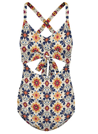 Women's Cutout One-Piece Swimsuit with Bow Back – Mexican Floral Print Swimwear Berry Jane