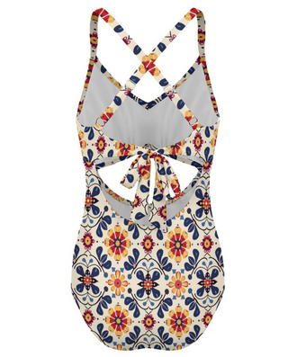 Women's Cutout One-Piece Swimsuit with Bow Back – Mexican Floral Print Swimwear Berry Jane