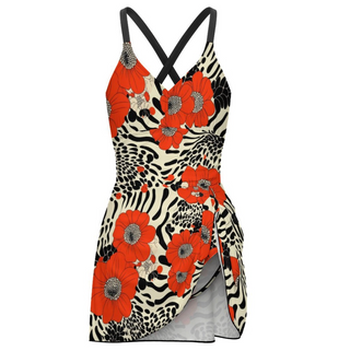 Women's Side Tie One-Piece Swim Dress, Wrap Skirt - Red Poppy Floral
