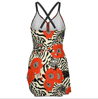 Women's Side Tie One-Piece Swim Dress, Wrap Skirt - Red Poppy Floral