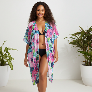Womens Long Kimono Sleeve Swimsuit Cover-up, Hibiscus Blooms Swimsuit Cover-up Berry Jane