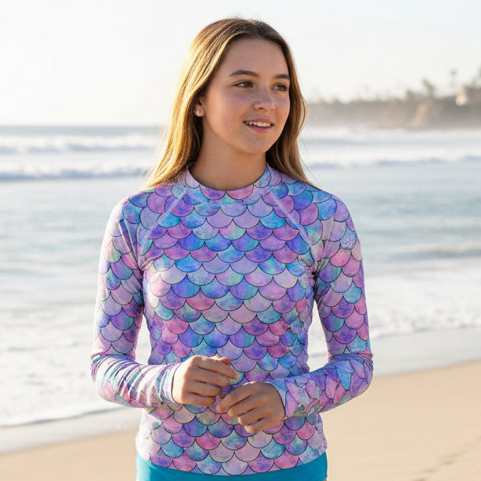 Jane Rash Guard Girl Tween & Teen Girls Rash Guard UPF 50+ (Sizes 8–20) - Pastel Mermaid ...