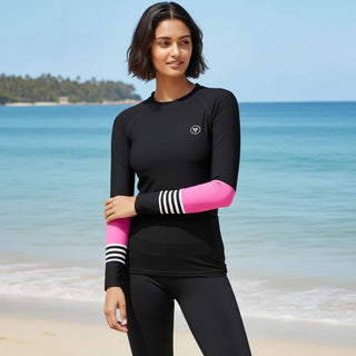Womens UPF 50 Surf Swim Rash Guard - Black Pink Rash Guards & Swim Shirts Berry Jane™