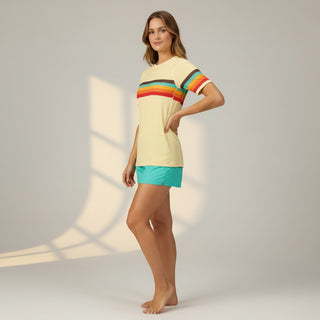 Women's Short Sleeve Rash Guard, Vintage 70s Stripe - Yellow Rash Guards & Swim Shirts Berry Jane™