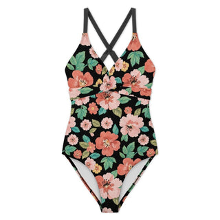 Women's Criss-Cross Tie Back One-Piece Swimsuit, Vintage Island Blooms Swimwear Berry Jane