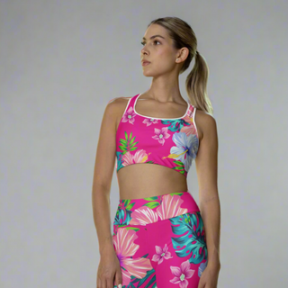 Womens Hot Pink Floral Swim leggings, Sports Swim Bra, Berry Jane