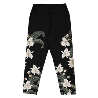 Women's UPF 50 swim leggings, cropped capri length, black Hawaiian lily floral print