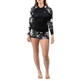 Women's 2 Piece UPF Shorts and Rash Guard Swimsuit Set - Black Hawaiian Lily Swimwear Berry Jane™